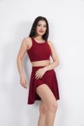 Sendy Kumaş Bisiklet Yaka Crop Şortlu Etek Ikili Takım - Bordo resmi